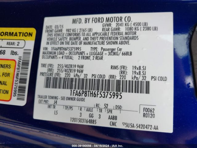 Photo 8 VIN: 1FA6P8TH6F5375995 - FORD MUSTANG 