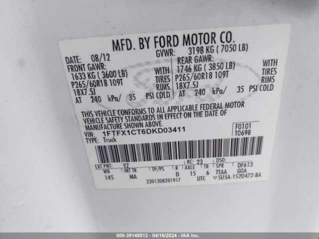 Photo 8 VIN: 1FTFX1CT6DKD03411 - FORD F-150 