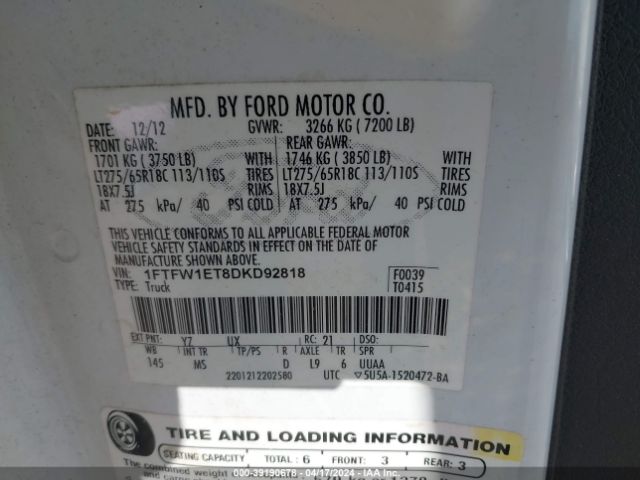 Photo 8 VIN: 1FTFW1ET8DKD92818 - FORD F150 